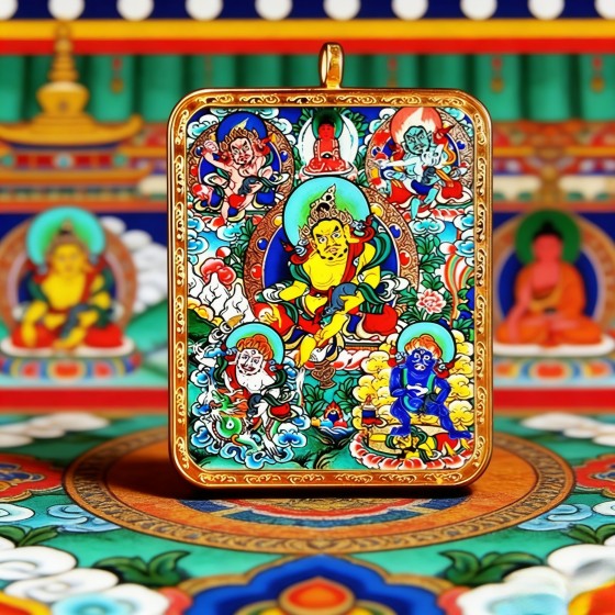 Tibetan Thangka Five Gods of Wealth Pendant